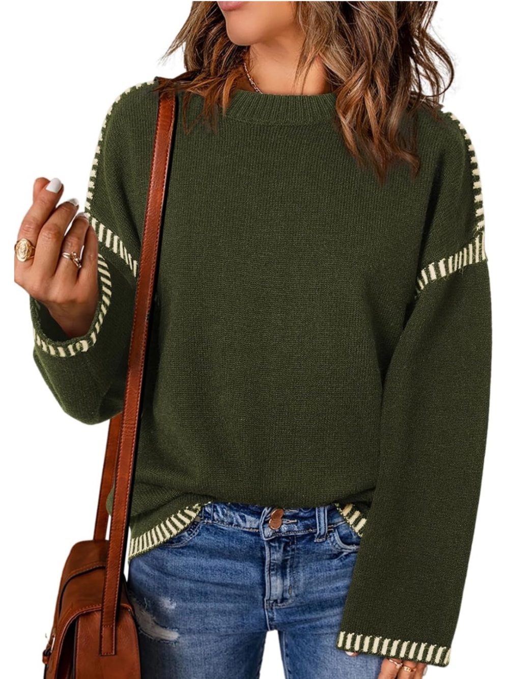 Olive Green Crew Neck Sweater with Cream Contrast Stitching